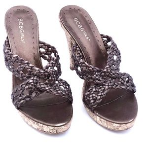 BCBGirls Bronze Leather Cork Heel Sandals-size 7.5